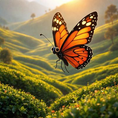 Primary subject: A butterfly flying in the air.

Setting/background: A lush green field with trees in the background.

Visual style: Digital art.

Colors and mood: The butterfly is orange and black, creating a vibrant and lively atmosphere.